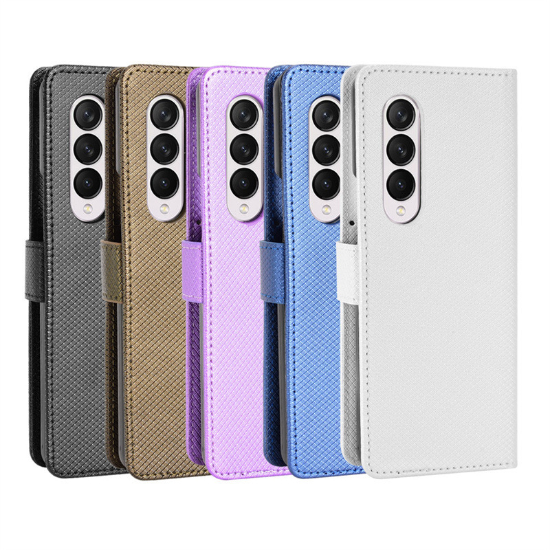 For Samsung Z Fold3 Phone Case Leather Case Z FOLD4 Flip Case Diamond Pattern Card Lanyard Bracket