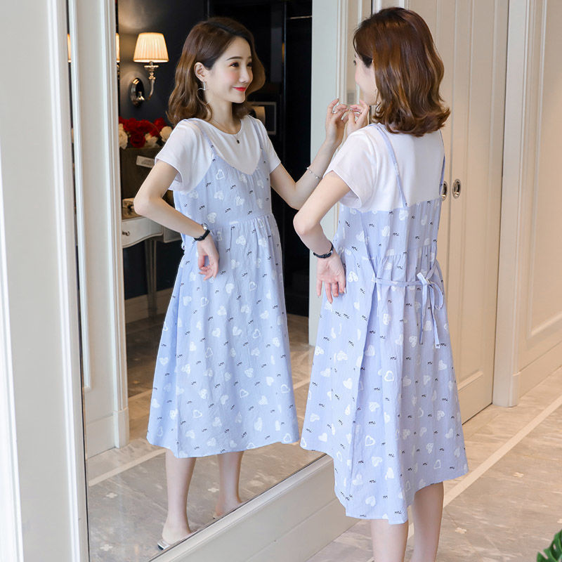 Internet Celebrity Fashionable Pregnant Women's Dress Summer Korean Large Size Loose Pregnant Women's Dress Summer Mid-Length Fake Two-Piece Pregnant Women's Dress