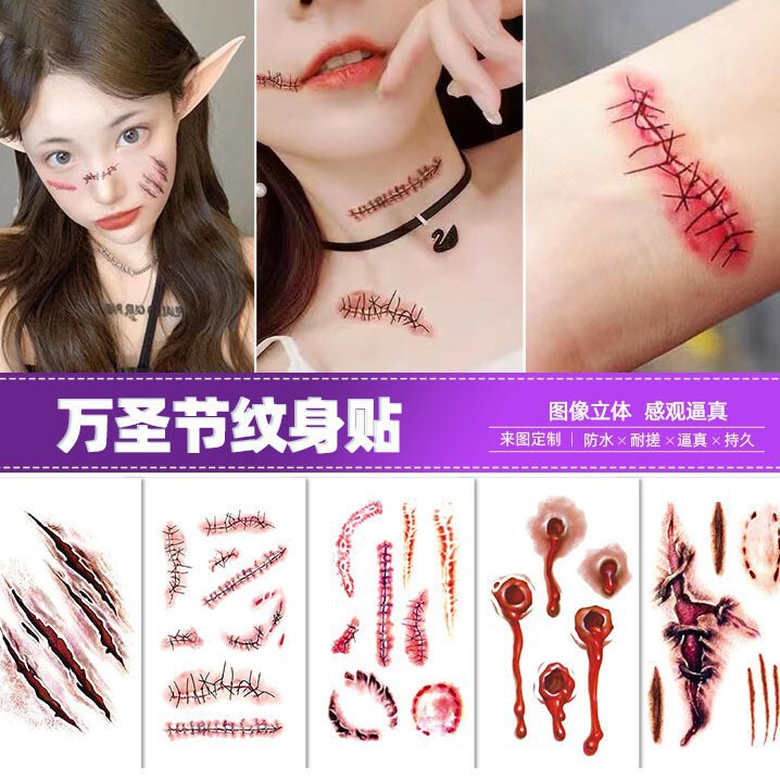Face Horror Party Scar Tattoo Stickers Waterproof Tattoo Stickers Bloody Wound Tattoo Stickers Halloween Tattoo Stickers