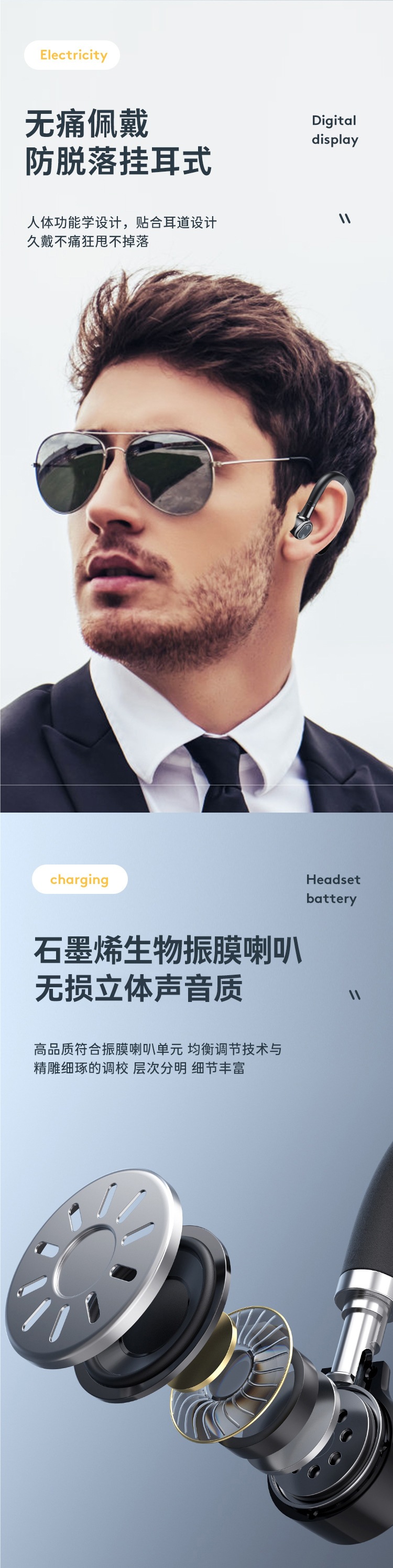 Bluetooth Headset with Super Long Standby Life 2025 New Wireless Single-Ear Ear-Hook Driver High-Definition Call