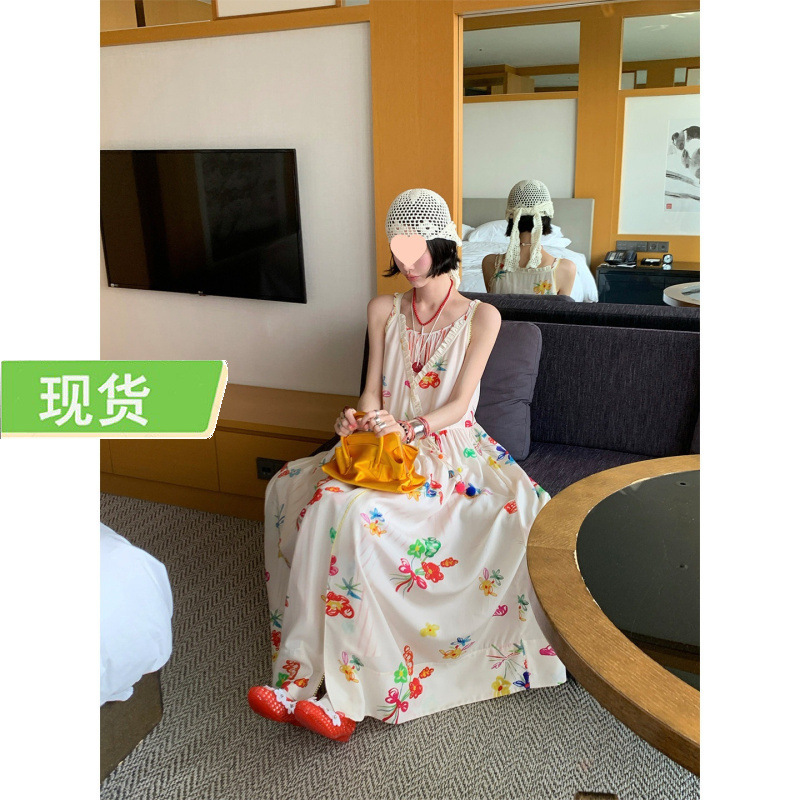 Mona Zhang Qixian Colorful Floral Dress Strap Dress/V-Neck Waist-Cinching Flowing Long Dress Relaxed Summer Colors Mona Zhang Qixian Colorful Floral Dress Strap Dress/V-Neck Waist-Cinching Flowing Long Dress Relaxed Summer Colors