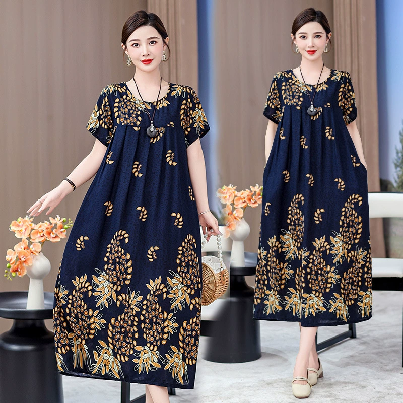 Новая мама хлопковое шелковое платье женская летняя мода свободная толстая толстая длинная юбка из искусственного хлопка для пожилых людей