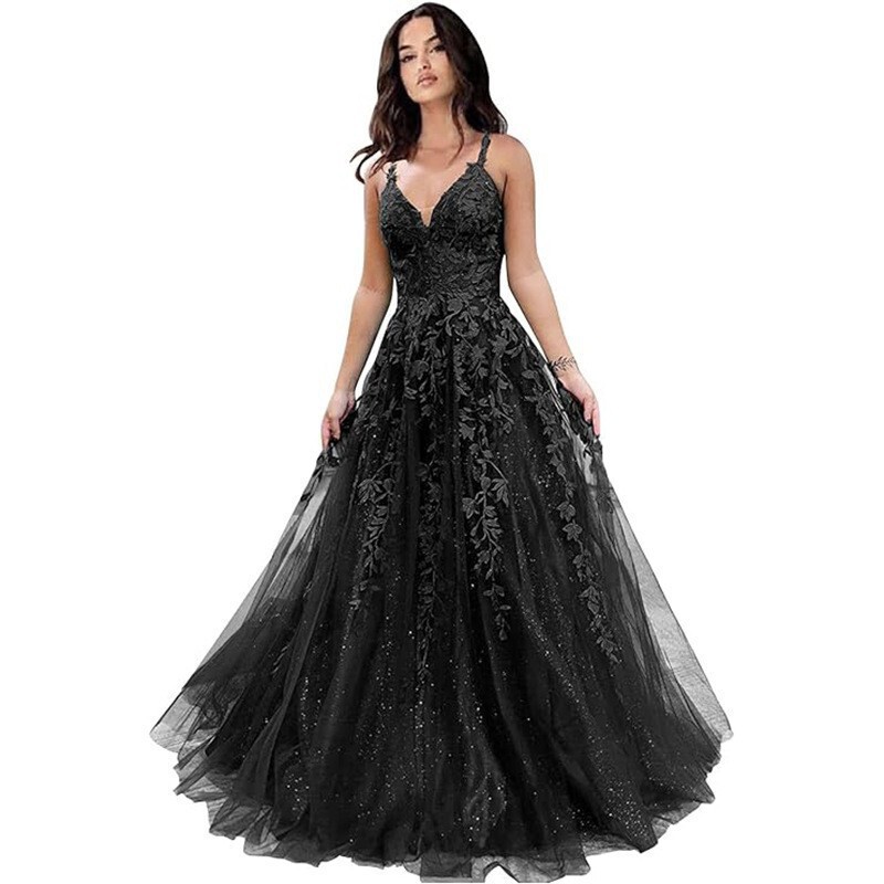 Amazon Glitter Tulle Prom Dresses Women Lace Appliques Long Prom Dresses with Spaghetti Straps A-Line