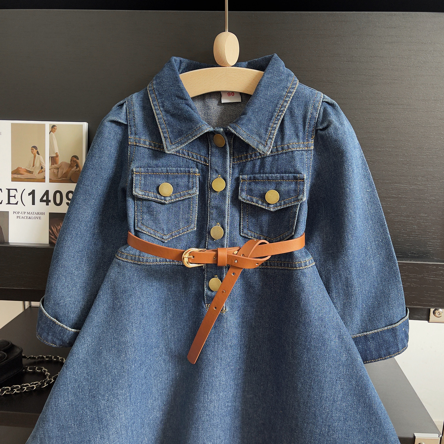 Rochie din denim cu mâneci lungi pentru fetițe din bumbac moale_voghion.com