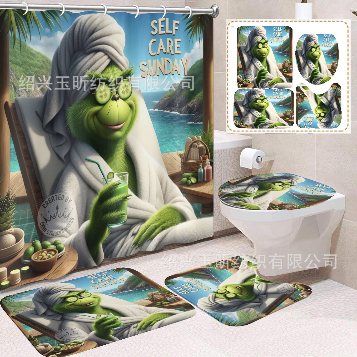 Tela de cortina de ducha transfronteriza, cortina de ducha impermeable, alfombra antideslizante de baño, juego de Grinch 4 de pelo verde al por mayor, sin perforación
