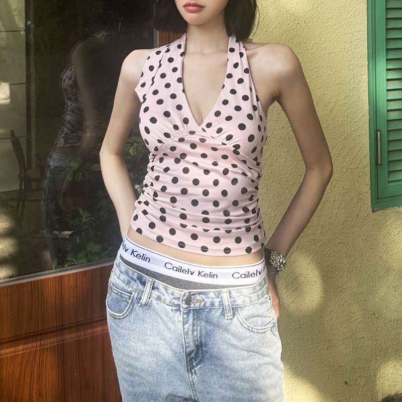クロスボーダーヨーロッパとアメリカンスタイルの2025新しい夏の女性のファッション気質水玉模様のホルターネックVネック新鮮で甘いベスト|undefined