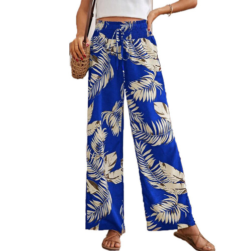 Women's Summer Casual Loosely Tied Rope High-Waist Digital Print Pants