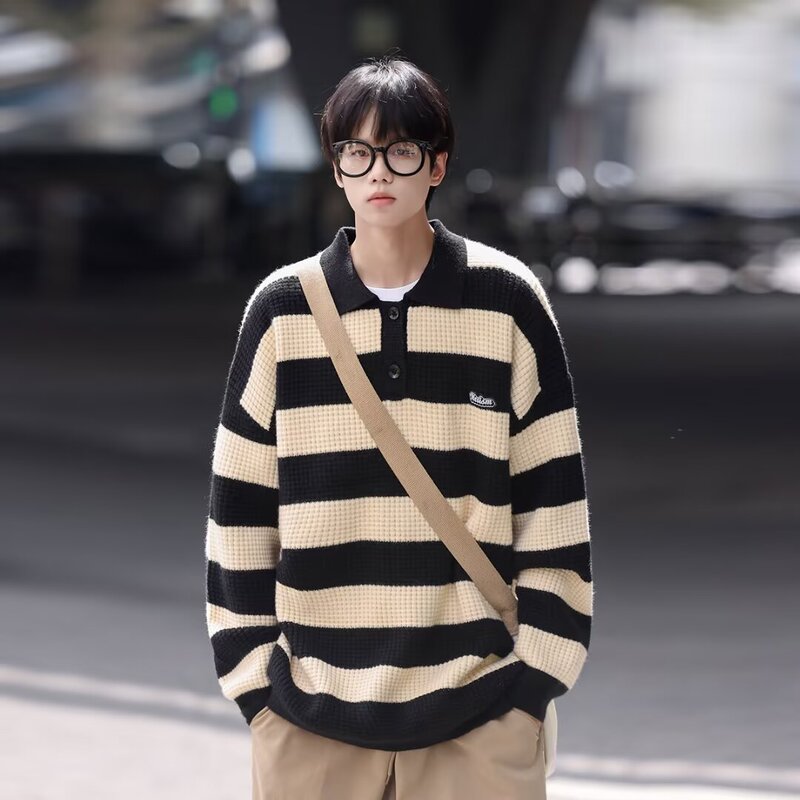 Japanese Color-block Striped Sweater Boys Fashion Brand Autumn and Winter Lazy Couple Loose POLO Collar Retro Knitted Top