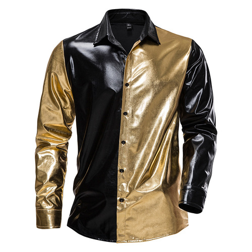 Men youth gold silver red jazz dance shiny shirts singer gogo dancers stage performance shiny disco clubwear long sleeve shirts for man 