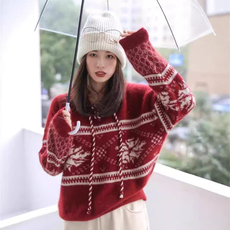 Manufacturer Cross-Border Wholesale New 100% Wool Thickened Sweater, Lazy Loose Hooded Knitted Base Wool Sweater for Women Manufacturer Cross-Border Wholesale New 100% Wool Thickened Sweater, Lazy Loose Hooded Knitted Base Wool Sweater for Women