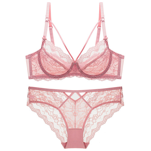 Sexy lace underwear, big breasts, anti-sagging, large size bra set, ultra-thin sponge-free transparent bra
