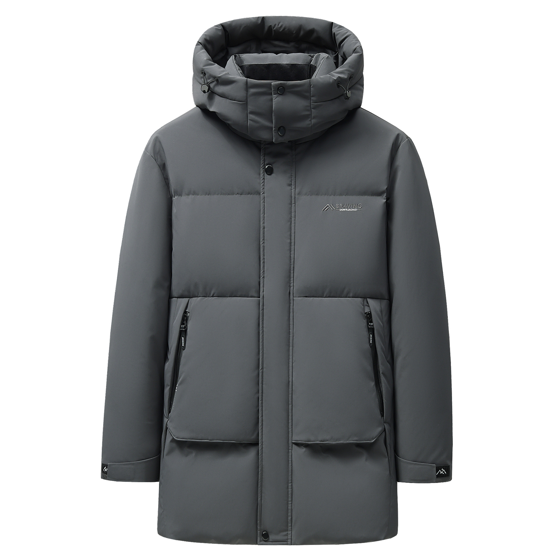 Branded down jacket, hooded, mid-length, men's outdoor style, thickened, cold-proof, warm, plus size, loose-fitting duck down coat for young and middle-aged men and women.