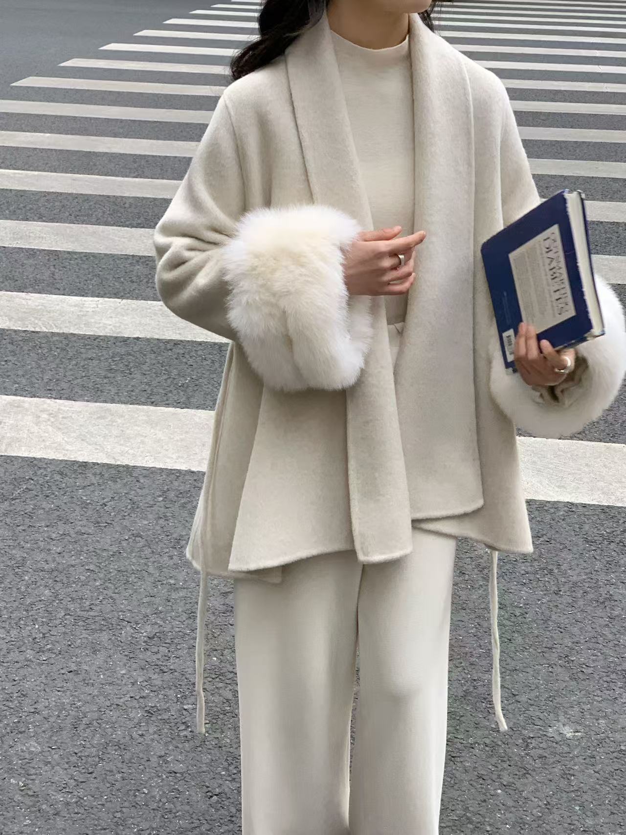 Widened Fox Fur Sleeve New Double-sided Cashmere Coat Mid-length Bathrobe Shoulder Slimming Lace-up Wool Coat for Women