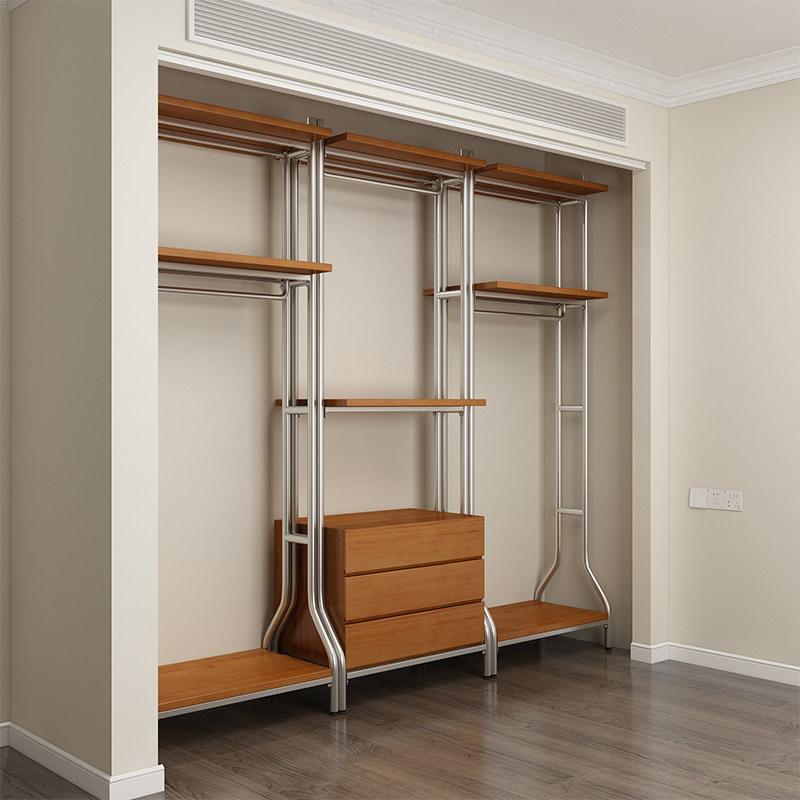 Open Wardrobe Scandinavian Iron Walk-In Clothes Rack Floor-Standing Loft Metal Cloakroom Storage Rack Solid Wood Wardrobe