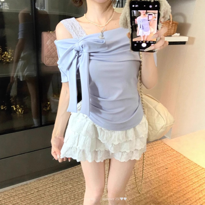 Blue One-Shoulder Pure Desire T-Shirt for Women Summer Pure Color Large Size Fat mm Bow Off-Shoulder Short-Sleeved Sweet Girl Top for Women