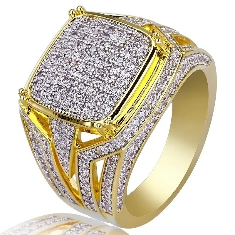 Hip hop domineering micro inlaid plated color separation business OL simulation diamond ring trendy men's jewelry_voghion.com