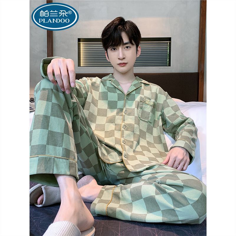 100% pijamas de los hombres de algodón de Primavera y Otoño de manga larga 2023 nuevo estilo de la Rebeca A Cuadros de desgaste del hogar otoño y invierno