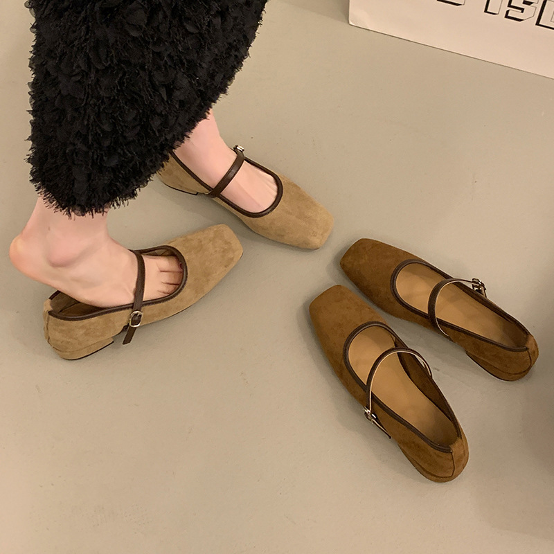 Demi-season elegant retro suede Mary Jane shoes square toe low-cut