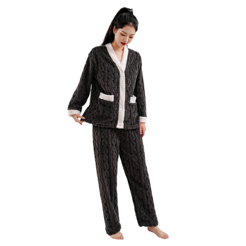 Coral Fleece Pajamas for Women, Winter Thickened Style with Pockets, Casual Home Wear, Cardigan, Sweet Girl-Like Loose-Fit Korean-Style Outfit