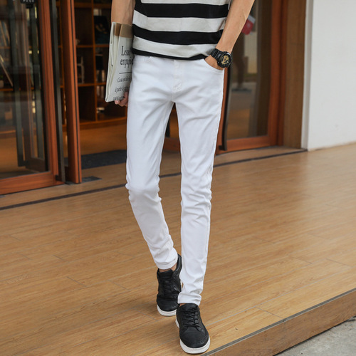 Men's Ripped Cropped White Denim Pants, Korean-style Slim-fit Elasticity-boosted Personality 