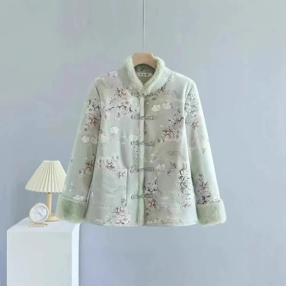 Хлопковое пальто в китайском стиле для женщин среднего и старшего возраста с флисовой подкладкой, традиционное китайское хлопковое пальто, утепленная зимняя хлопковая куртка, ретро-пальто на пуговицах.