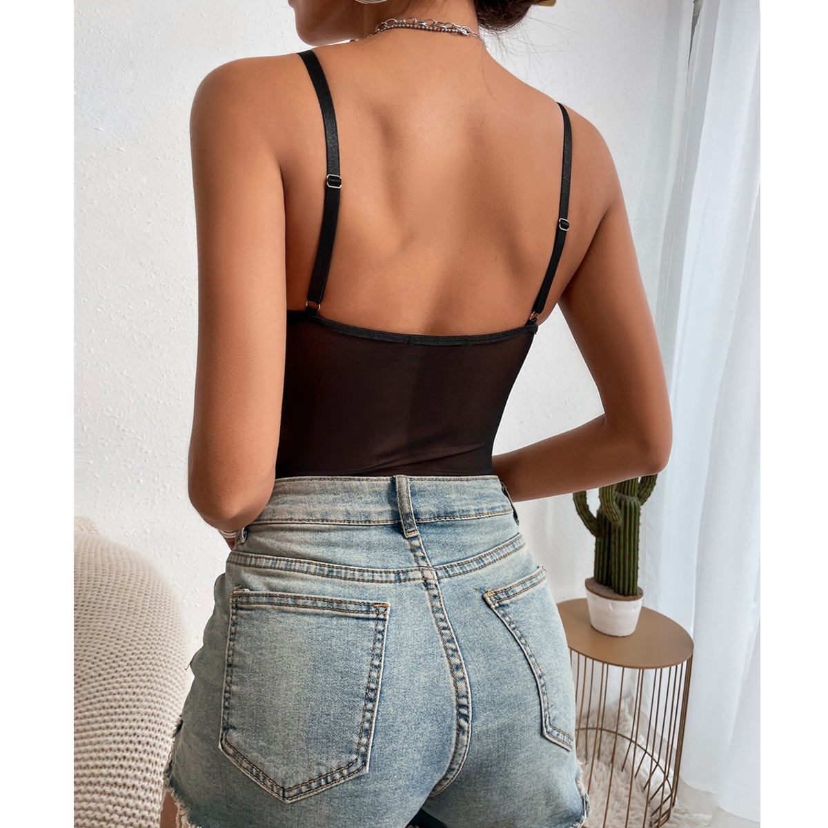 sling backless fishbone stitching solid color see-through jumpsuit NSFH123977