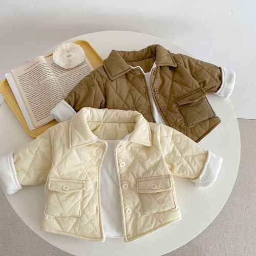 冬装新款男女宝宝婴幼儿童棉袄加厚长袖菱格翻领夹棉开衫外套