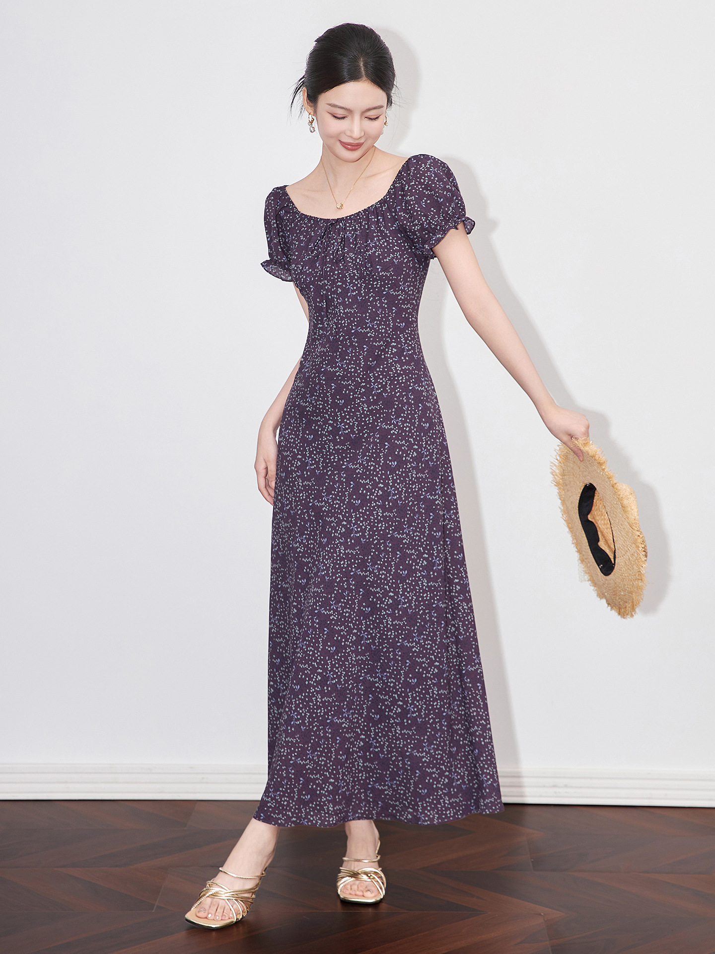 Váy liền maxi nữ phong cách Pháp cổ ren in hoa thắt eo — Màu xanh lam
