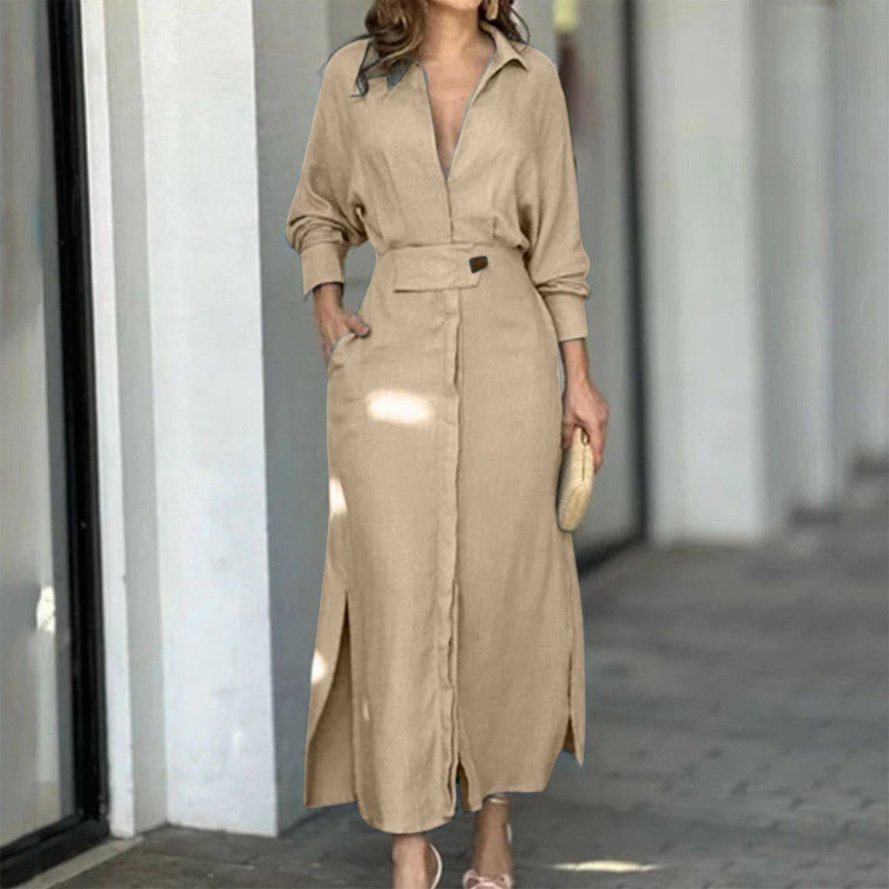 欧美亚马逊外贸女装跨境蓝色连衣裙气质优雅春夏通勤长袖连衣裙|undefined