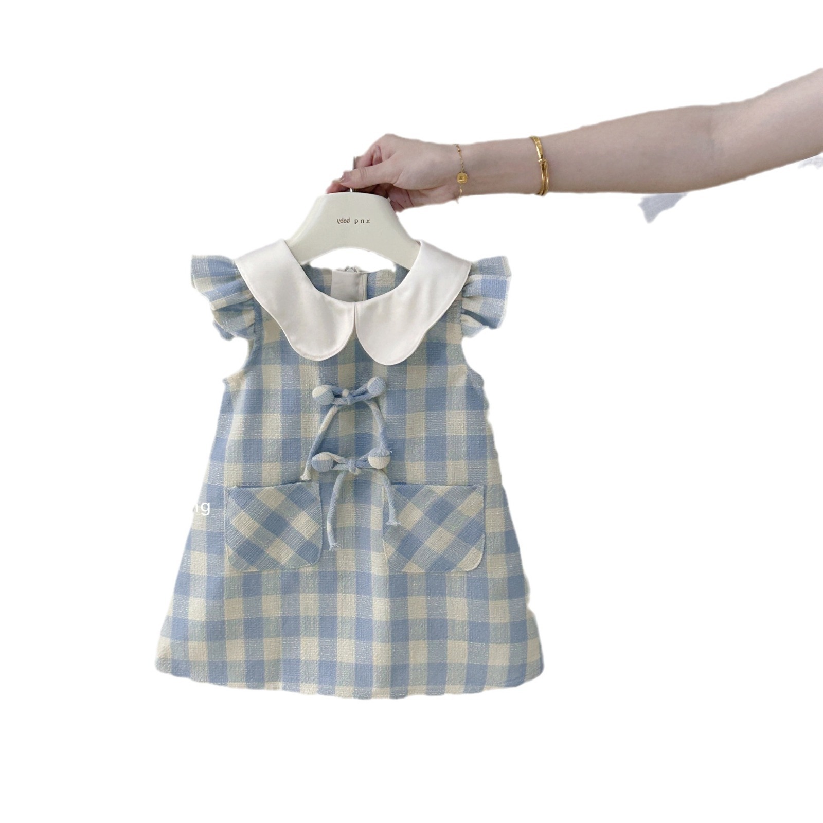 Vestido francés de niñas verano de niños chaleco azul cuadrado vestido de cuello de muñeca vestido de princesa dulce