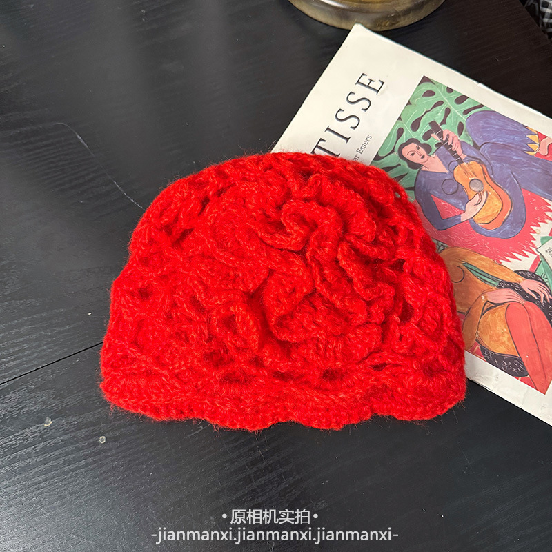 立体花朵镂空包头帽子女秋冬手工钩花立体针织帽优雅时尚单品百搭|undefined