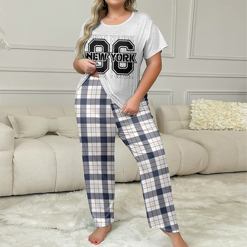 Women's Plus Size Pajamas European American Style Short Sleeved Plaid Pajama Pants Milk Silk 96 Home Wear Summer Sleepwear_voghion.com