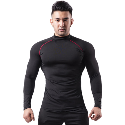 High collar fitness clothing for men in autumn and winter plus velvet warm PRO tights basketball training running base sportswear