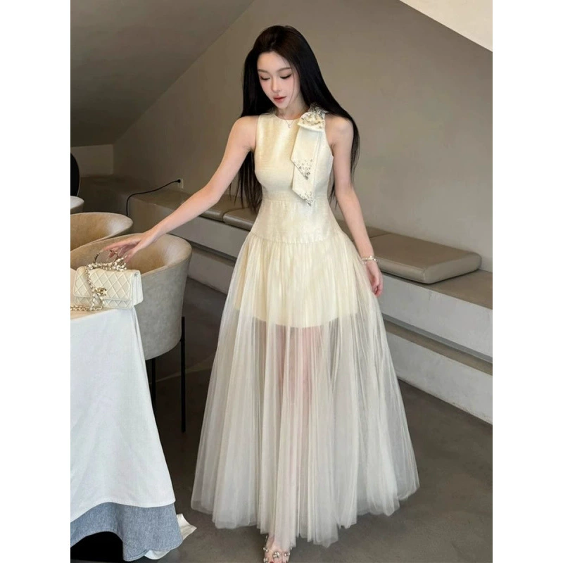 Летнее женское платье-миди из французской плотной сетчатой ткани с высокой талией, утягивающее, новое, высокого класса.