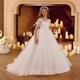 亚马逊欧美拖尾花童礼服生日表演主持人蓬蓬长裙儿童小婚纱晚礼服
