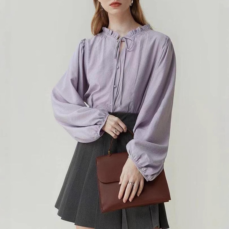 Fan Silan En French Court Style Ruffled Women's Autumn New Design Niche Solid Color Lantern Sleeve Shirt Fan Silan En French Court Style Ruffled Women's Autumn New Design Niche Solid Color Lantern Sleeve Shirt