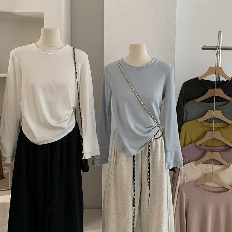 Omalai Double-Edged Round Neck Long-Sleeved T-Shirt Fleece-Lined Bottoming Shirt for Women Winter Lace Inner Top 5501