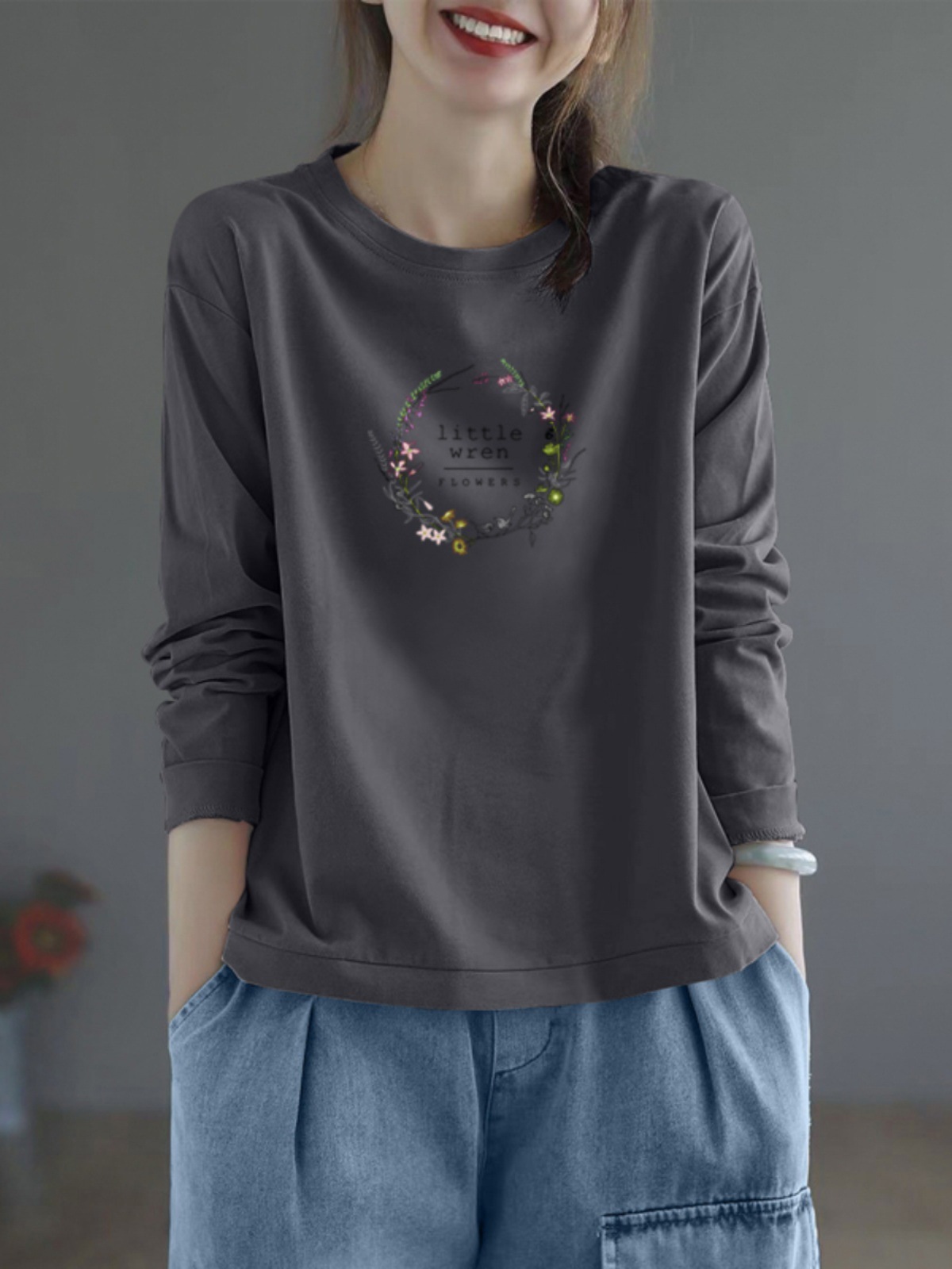 外贸剪标清仓撤柜原单纯棉印花长袖T恤女宽松显瘦休闲上衣打底衫