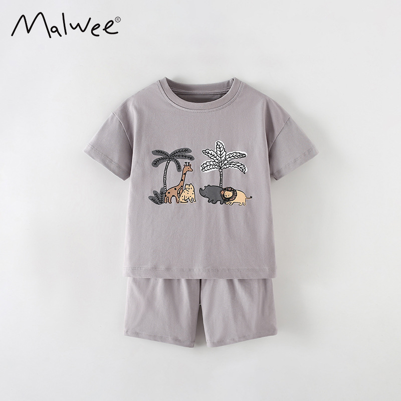 Malwee transfronterizo verano nuevo conjunto de niños niños pequeños y medianos niños pequeños y niños pequeños ociosos impresión europea y americana cuello redondo cómodo conjunto de dos piezas