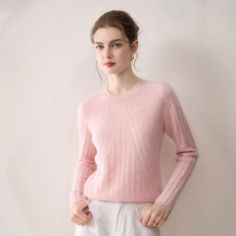 100% Pure Cashmere Knitwear Women's Round Neck Pullover Knitwear Slim Pure Color Knitwear Autumn and Winter New Vertical Strip Bottoming Knitwear