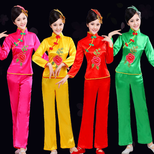 Women chinese folk dance costumes red green fuchsia umbrella fan dance dresses Yangko suit adult female waist drum suit performance fan dance suit