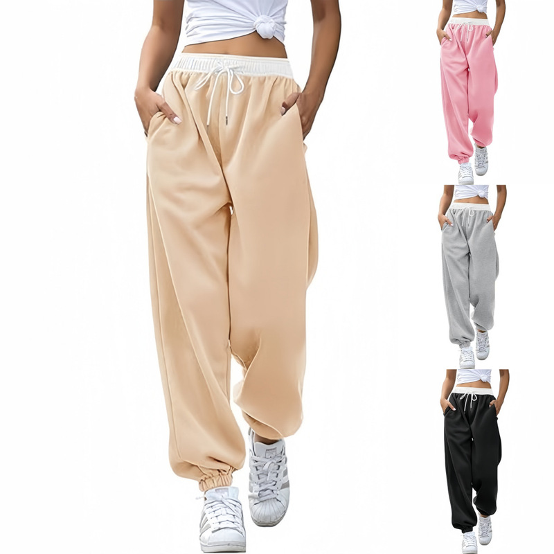 Cross-Border European and American Amazon New Women's Elastic Waist Loose Sports Contrasting Color Casual Leg-Tie Jogging Pants with Pockets