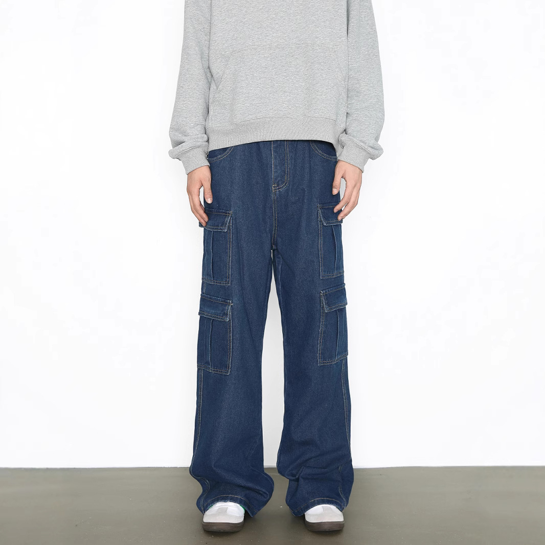 Vintage Washed Denim Cargo Pants - Relaxed Fit Multi-Pocket Workwear Jeans For Men_mkmklike.com