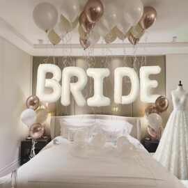 16寸米白色BRIDE 字母金属香槟金色白色乳胶气球组合套餐婚前派对