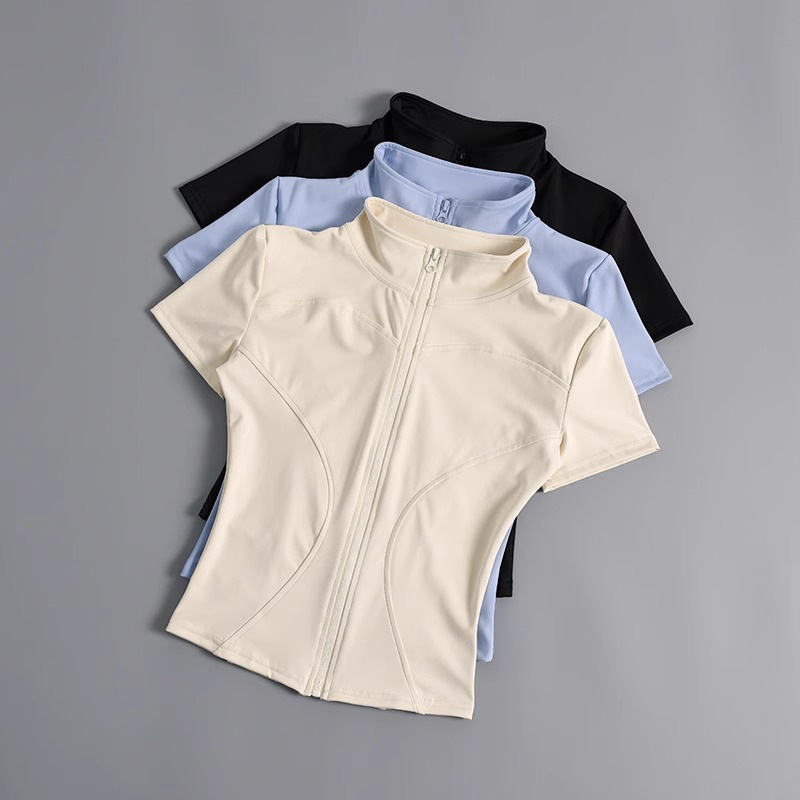 Yoga Short-Sleeved Jacket with Stand-Up Collar and Zipper, Tight-Fitting Running Sports Quick-Drying Naked-Feel Fitness Women's Summer Short-Sleeved Quick-Drying Jacket Yoga Short-Sleeved Jacket with Stand-Up Collar and Zipper, Tight-Fitting Running Sports Quick-Drying Naked-Feel Fitness Women's Summer Short-Sleeved Quick-Drying Jacket