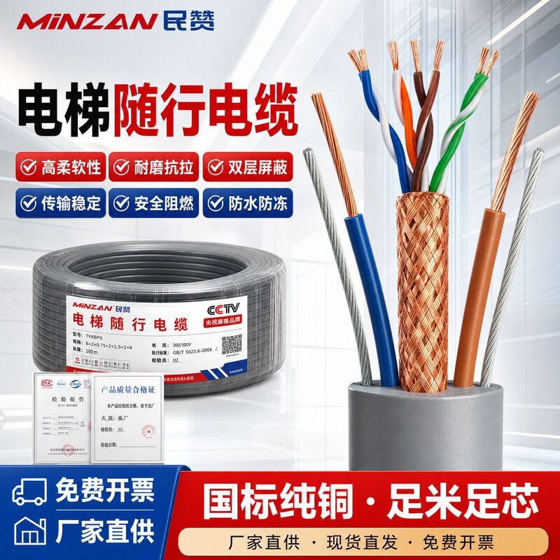Flat Elevator-Specific Network Cable, 8-Core Cat5E Double-Shielded Power Steel Wire Video Surveillance Signal Control Network Cable Flat Elevator-Specific Network Cable, 8-Core Cat5E Double-Shielded Power Steel Wire Video Surveillance Signal Control Network Cable