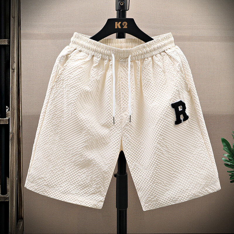 Men's Summer Sports Shorts Loose Stretch Elastic Waistband Five Point Casual Beach Pants Mid Waist Drawstring_viptrois.com