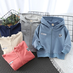 Spring Children's Hooded Sweatshirt for Boys, Korean Style Casual Solid Color Cotton Thin Zipper Cardigan Children's Outerwear Top