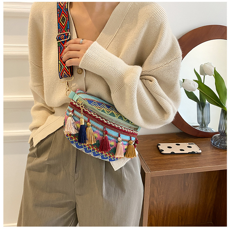 Venda quente pequeno peito perfumado tecido estilo étnico cor contrastante borla nova fita cintura bolsa crossbody tendência_voghion.com