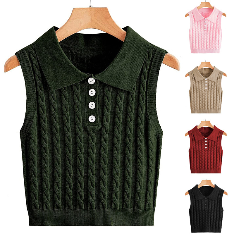 Dunhuang.Com Small Batch Women's Sweater, Women's Knitted Vest, Cable Knit Sleeveless Lapel Button Pullover Vest